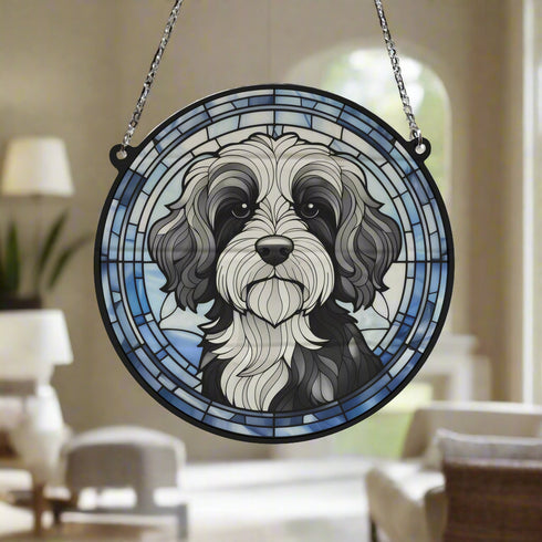 Cavapoo Black & White Stained Glass Effect Suncatcher